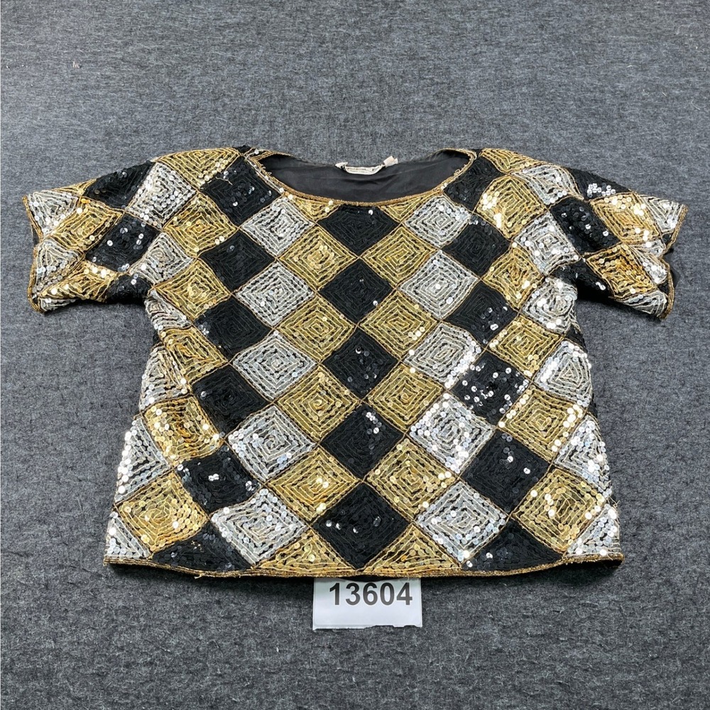 Vintage Scala Sequin Top Women PM Gold Silver Black Excellent Harlequin Silk